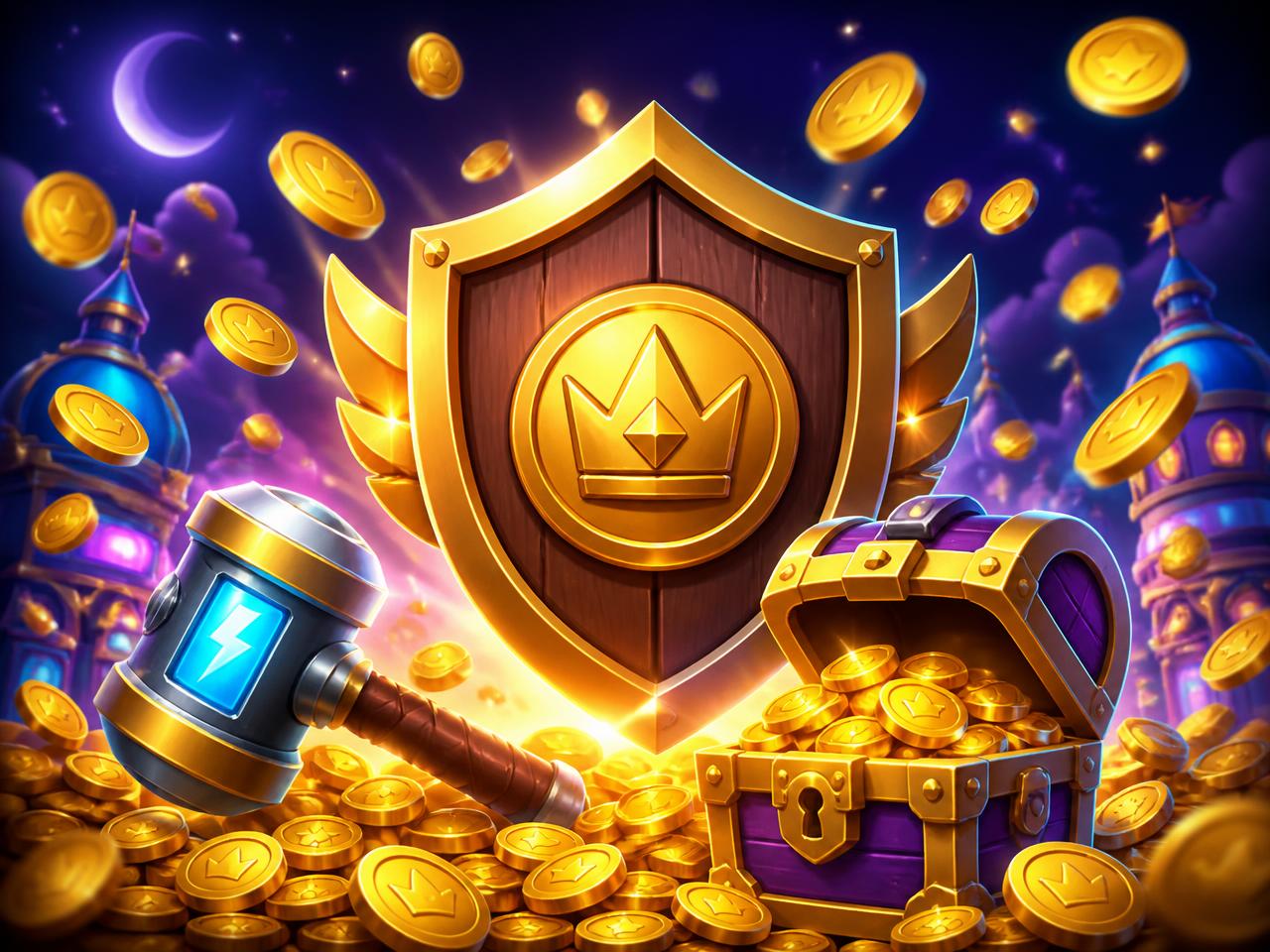 Social casino artwork with gold coins, shield and treasure chest